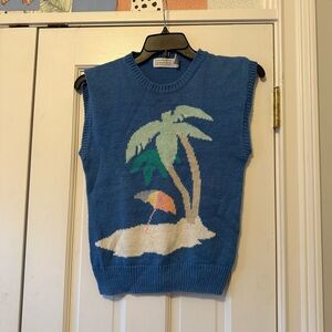 Vintage Robert Scott LTD Blue Beach Palm Tree Knit Sleeveless Sweater Size Small